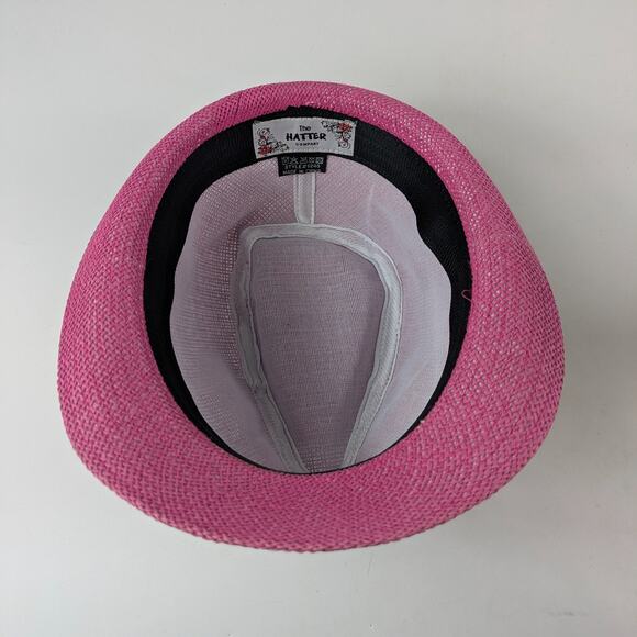 Womens Pink Straw Fedora Hat Hatter Company Ivory Lace Bow One Size Cap Trilby - Picture 6 of 8